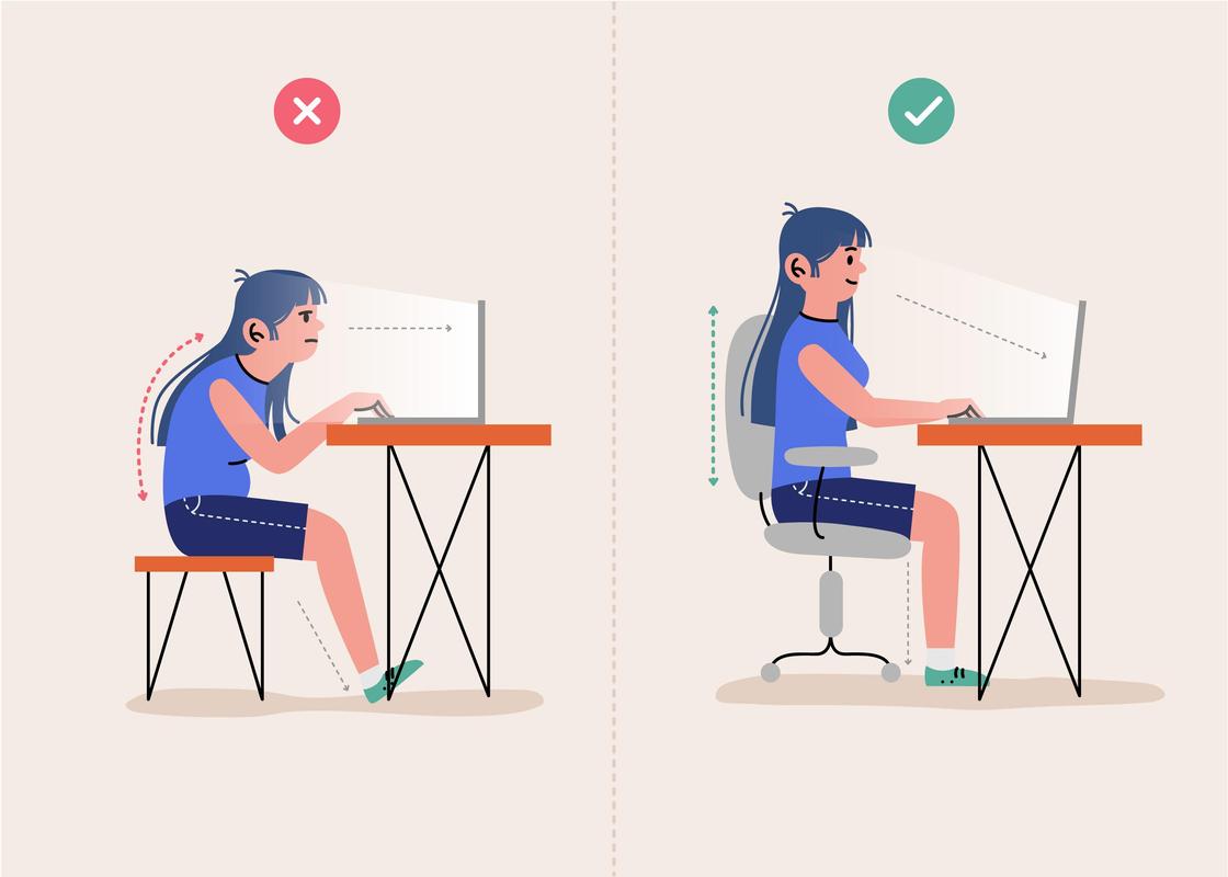 Два зображення: дівчина сидить згорбившись перед комп'ютером і дівчина з правильною поставою